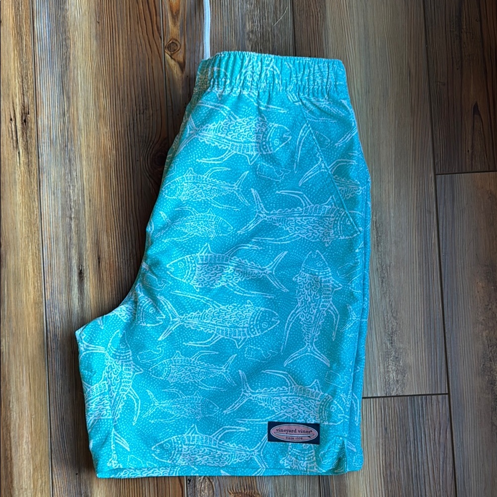 Vineyard Vines Aqua Fish Print Swim Trunks